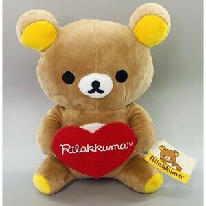 San-X Rilakkuma Plush Bear Holding Red Heart 12” AQI Licensed Stuffed Animal